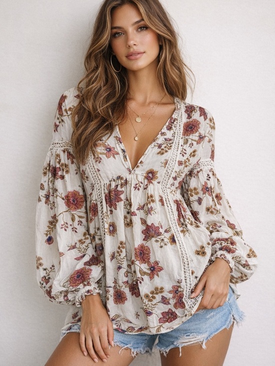 Free People Tops - Free People Cream Floral V-Neck Peasant Tunic